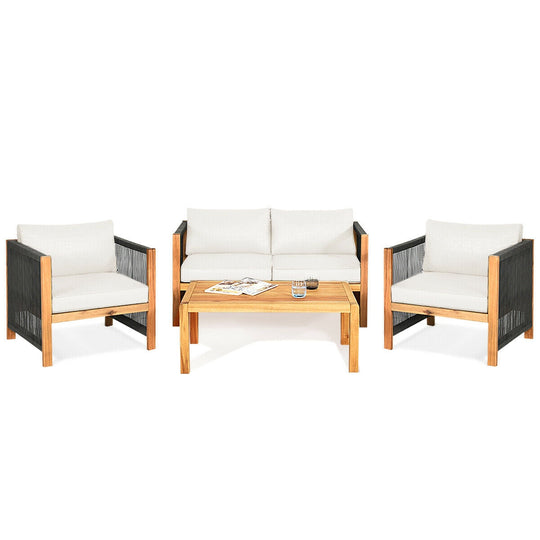 4 Pieces Acacia Wood Outdoor Patio Furniture Set with Cushions