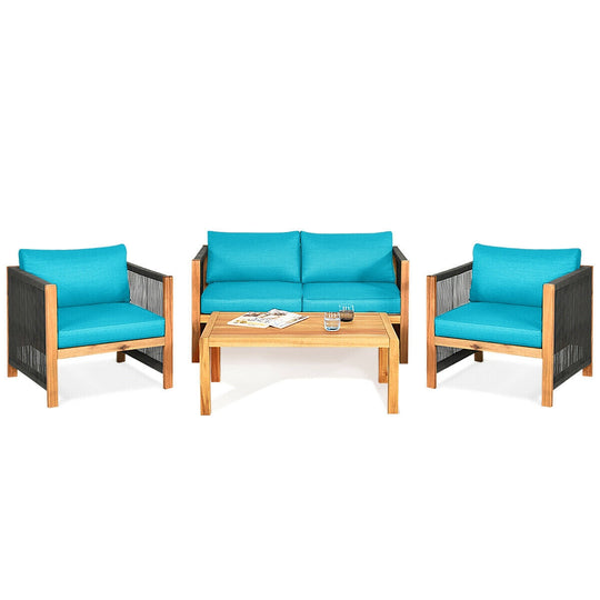 4 Pieces Acacia Wood Outdoor Patio Furniture Set with Cushions