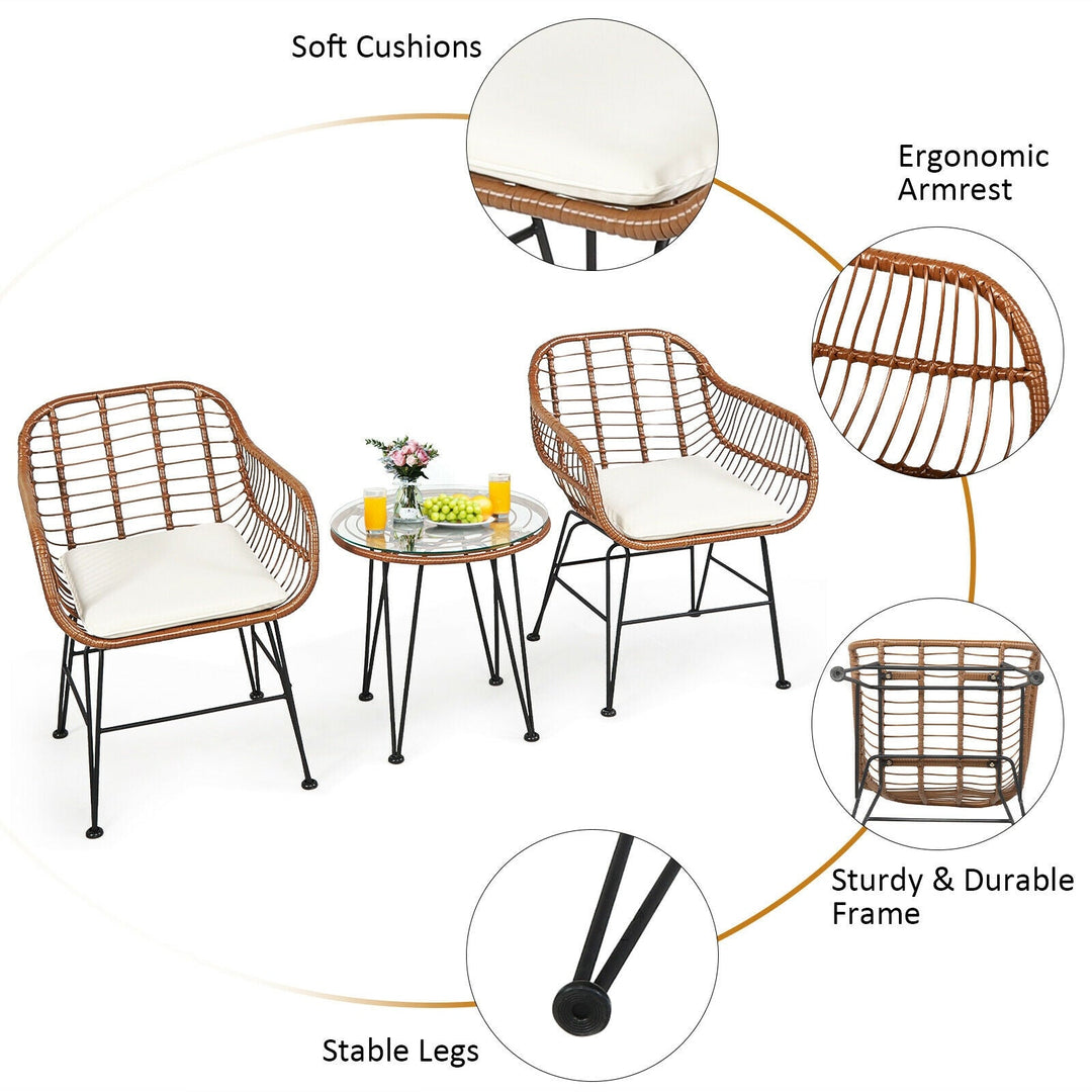 3-Piece Rattan Bistro Set with Cushions and Glass Table