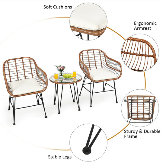 3-Piece Rattan Bistro Set with Cushions and Glass Table