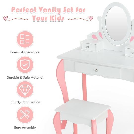 Kids Vanity Princess Makeup Dressing Table Stool Set with Mirror and Drawer-White