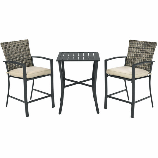 3 Pieces Rattan Bar Furniture Set with Slat Table and 2 Cushioned Stools