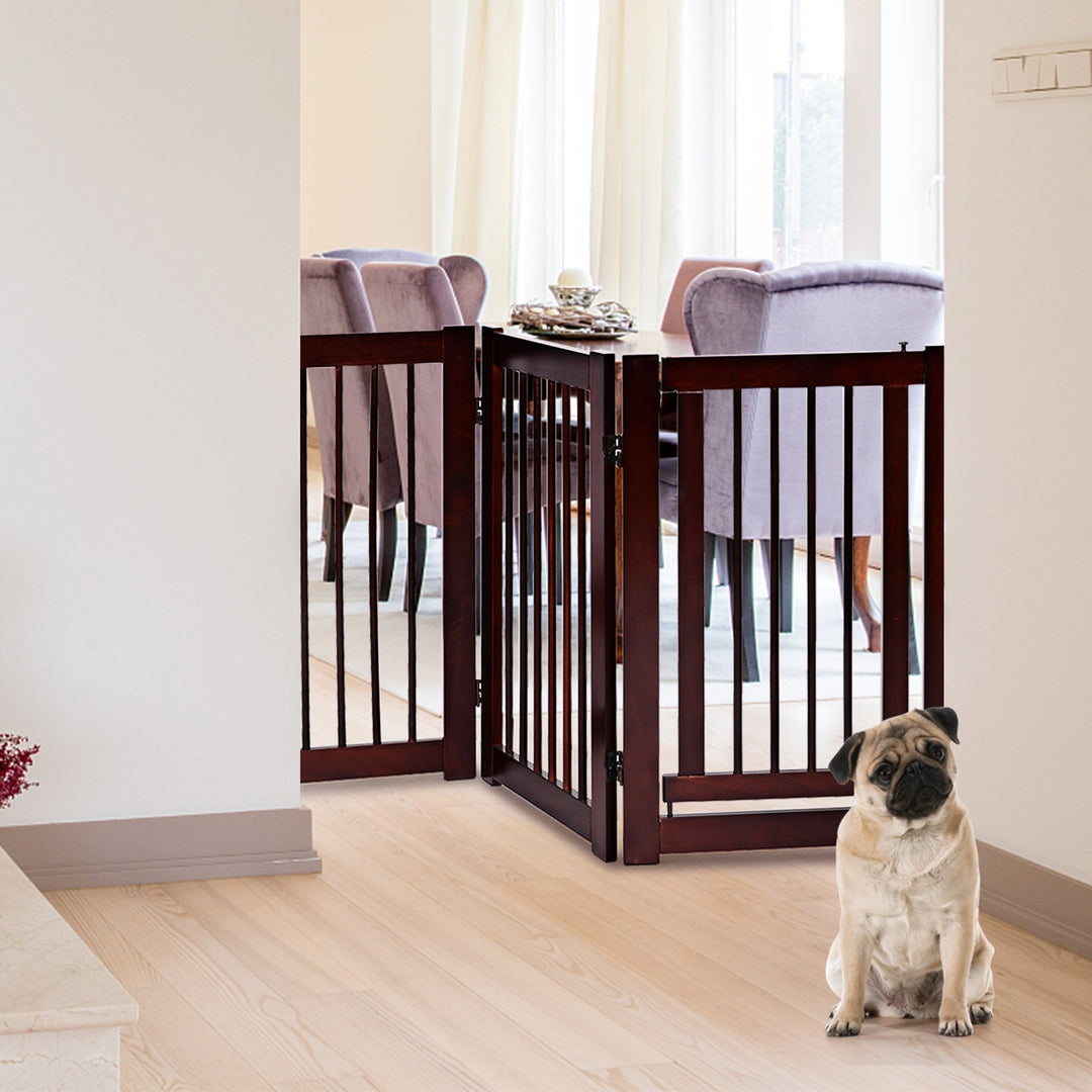 30 Inch Tall 4-Panel Freestanding Pet Gate Wooden Dog Fence-Brown