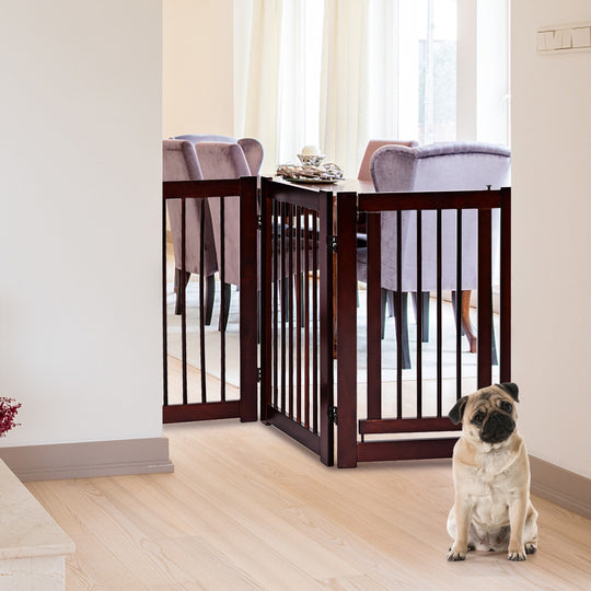 30 Inch Tall 4-Panel Freestanding Pet Gate Wooden Dog Fence-Brown