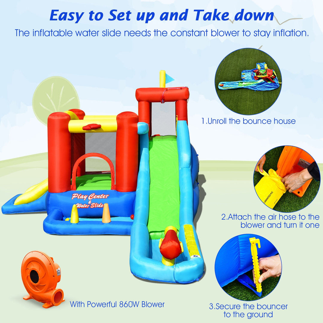 9-in-1 Inflatable Kids Water Slide Bounce House with 860W Blower