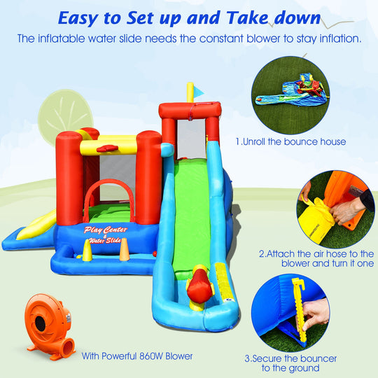 9-in-1 Inflatable Kids Water Slide Bounce House with 860W Blower