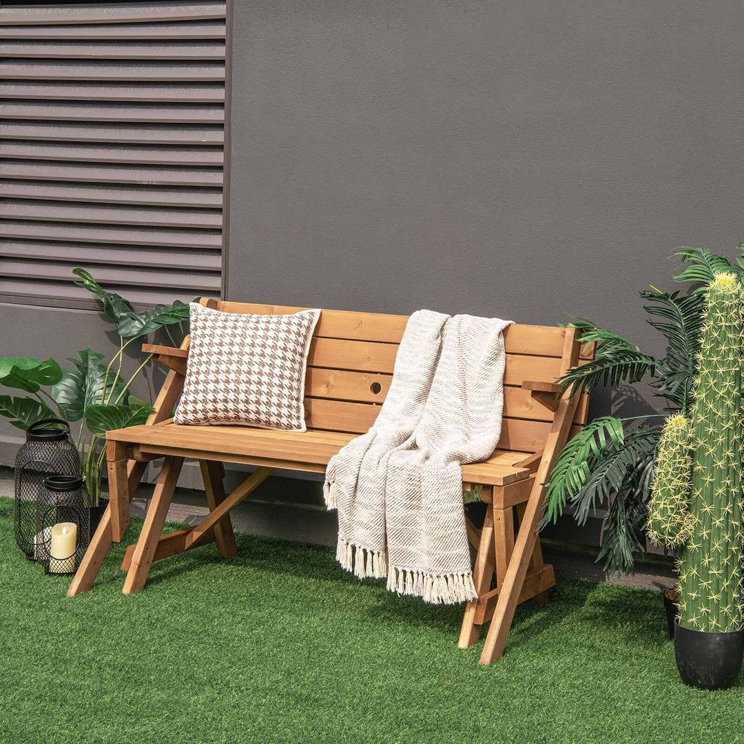 2-in-1 Transforming Interchangeable Wooden Picnic Table Bench with Umbrella Hole-Dark Brown