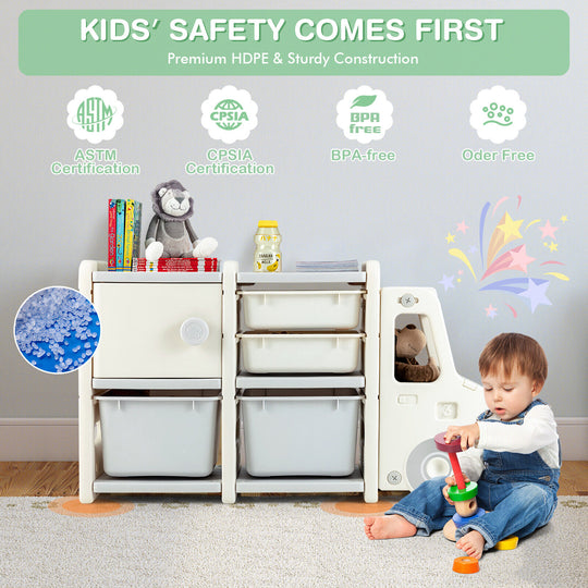 Toddler Truck Storage Organizer with Plastic Bins-Gray