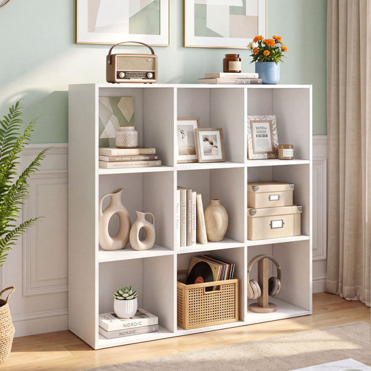 9-Cube Book Shelf Tool-Free Assembly Wooden Bookshelf Modern Bookcase Storage Organizer-White