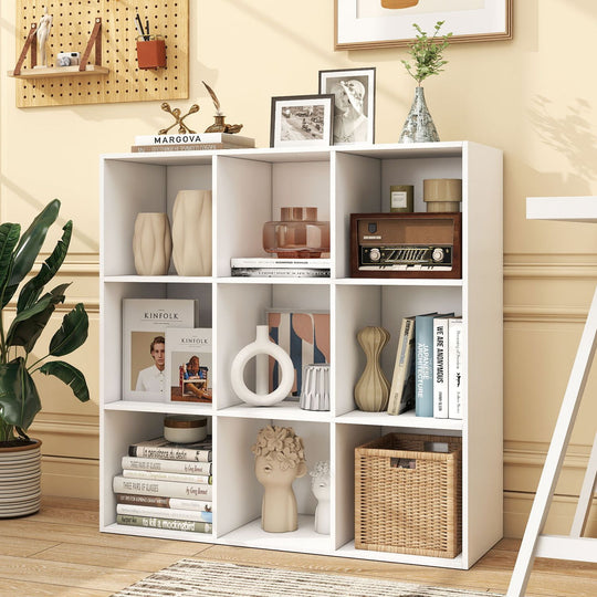 9-Cube Book Shelf Tool-Free Assembly Wooden Bookshelf Modern Bookcase Storage Organizer-White