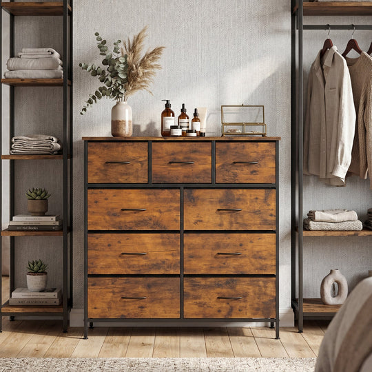 9-Drawer Fabric Dresser with Wooden Top for Bedroom