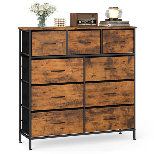 9-Drawer Fabric Dresser with Wooden Top for Bedroom