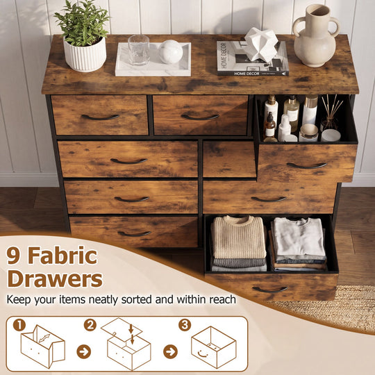 9-Drawer Fabric Dresser with Wooden Top for Bedroom