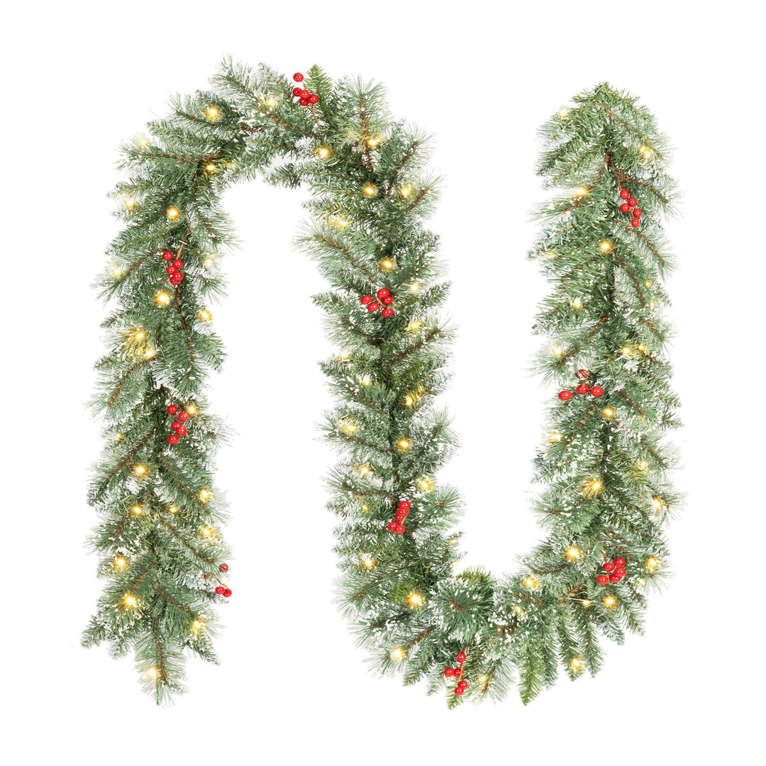 9 FT Christmas Garland with Timer Function and 180 Frosted Branch Tips 50 Warm White LED Lights