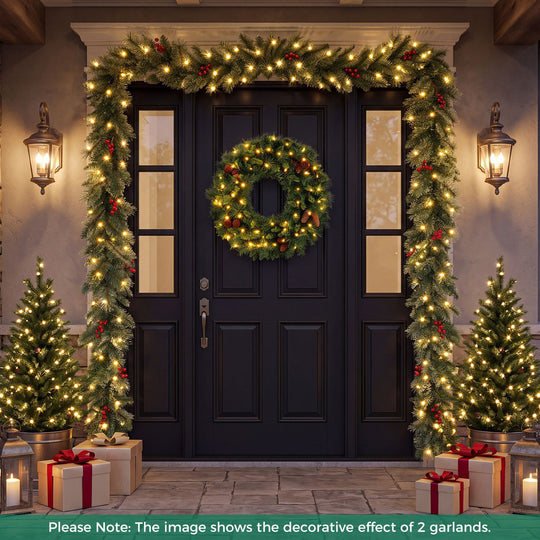 9 FT Christmas Garland with Timer Function and 180 Frosted Branch Tips 50 Warm White LED Lights