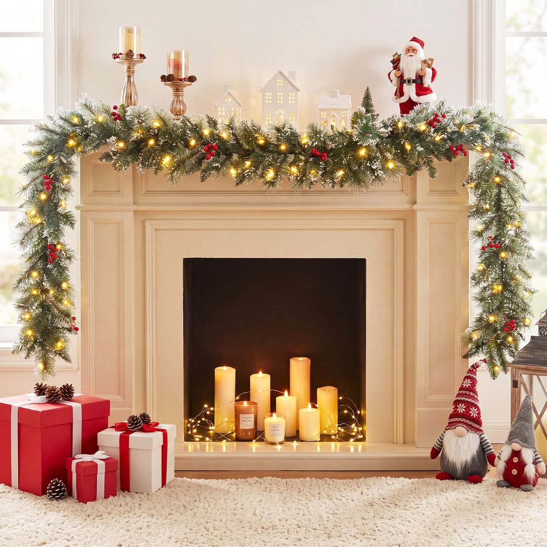 9 FT Christmas Garland with Timer Function and 180 Frosted Branch Tips 50 Warm White LED Lights
