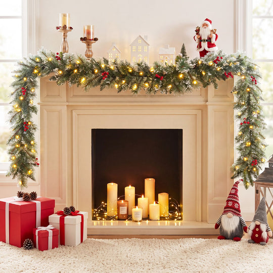 9 FT Christmas Garland with Timer Function and 180 Frosted Branch Tips 50 Warm White LED Lights