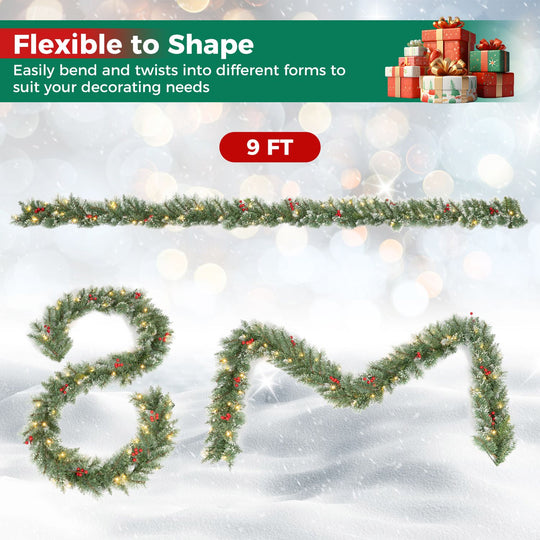 9 FT Christmas Garland with Timer Function and 180 Frosted Branch Tips 50 Warm White LED Lights