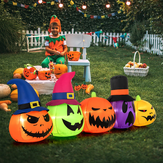 9 Feet Inflatable Pumpkin Patch Family with Built-in LED Lights and Witch Hats