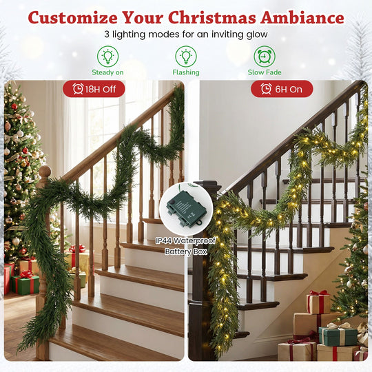 9 FT Pre-lit Artificial Cypress Christmas Garland with 50 Warm White LED Lights and 130 Branch Tips