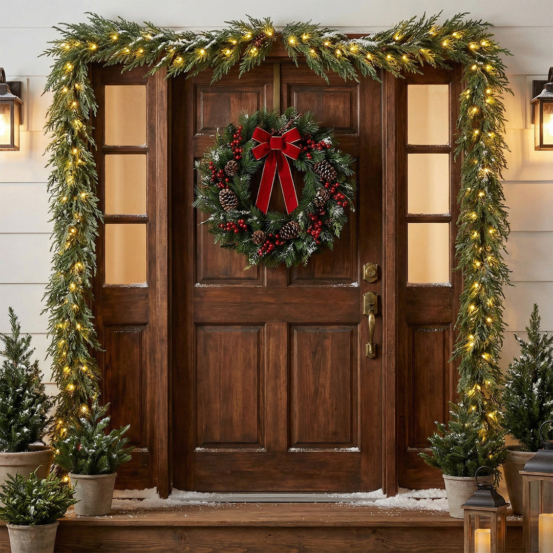 9 FT Pre-lit Artificial Cypress Christmas Garland with 50 Warm White LED Lights and 130 Branch Tips