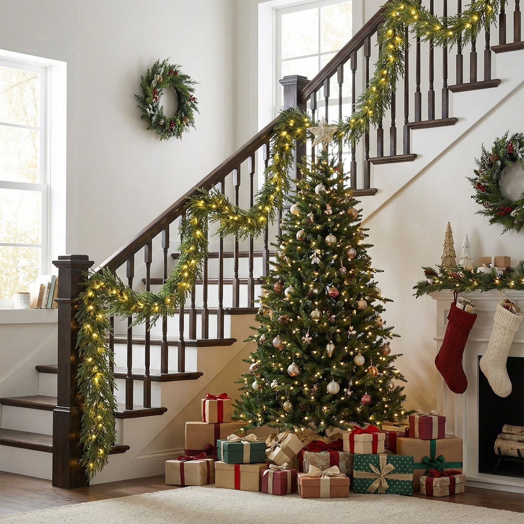 9 FT Pre-lit Artificial Cypress Christmas Garland with 50 Warm White LED Lights and 130 Branch Tips