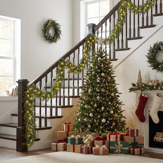 9 FT Pre-lit Artificial Cypress Christmas Garland with 50 Warm White LED Lights and 130 Branch Tips