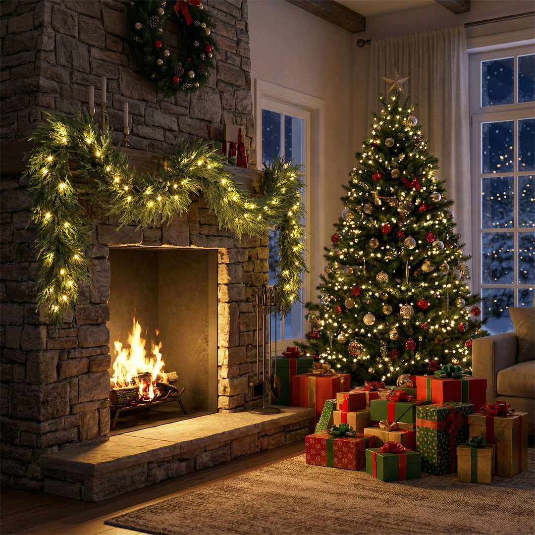 9 FT Pre-lit Artificial Cypress Christmas Garland with 50 Warm White LED Lights and 130 Branch Tips