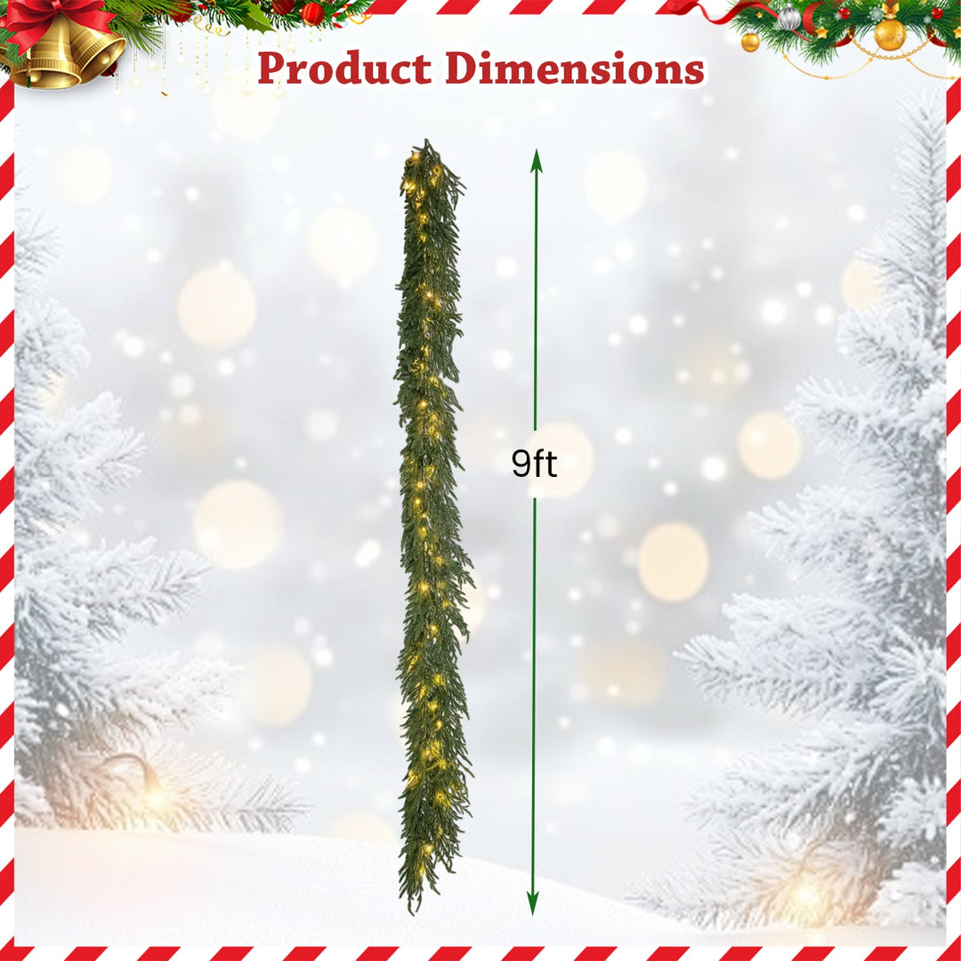 9 FT Pre-lit Artificial Cypress Christmas Garland with 50 Warm White LED Lights and 130 Branch Tips