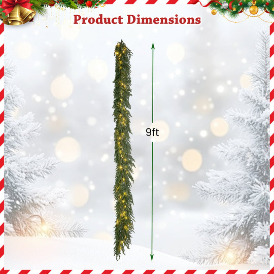 9 FT Pre-lit Artificial Cypress Christmas Garland with 50 Warm White LED Lights and 130 Branch Tips