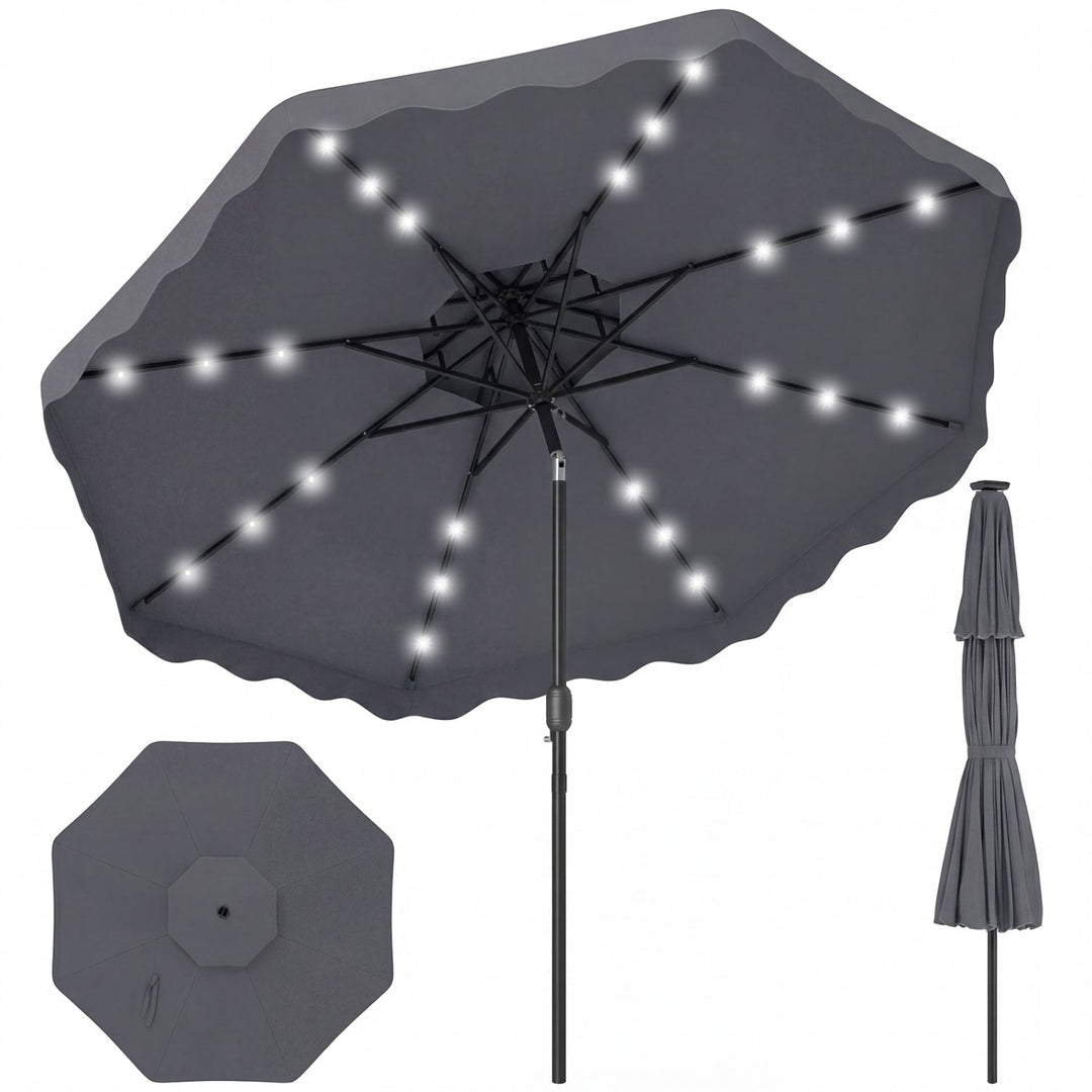 9 FT Solar LED Patio Umbrella Push-Button Tilt and Crank 24 LED Lights and 8 Ribs