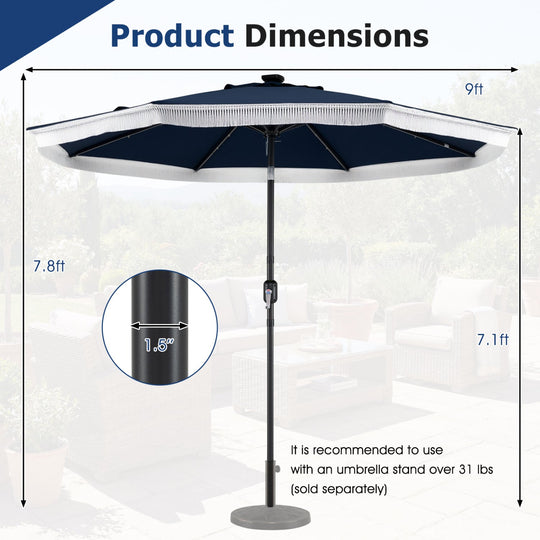 9 Feet Solar Patio Umbrella with 24 LED Lights for Yard