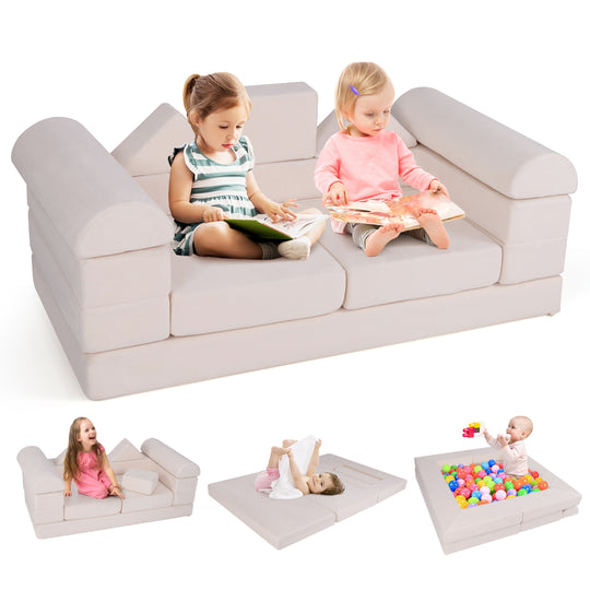 9-Piece Climb and Crawl Foam and Floor Playset with Breathable Suede Fabric-Beige