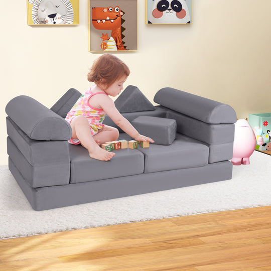 9-Piece Climb and Crawl Foam and Floor Playset with Breathable Suede Fabric-Gray