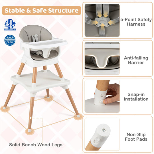 9-in-1 Convertible High Chair with Solid Wood Legs for Babies and Toddlers