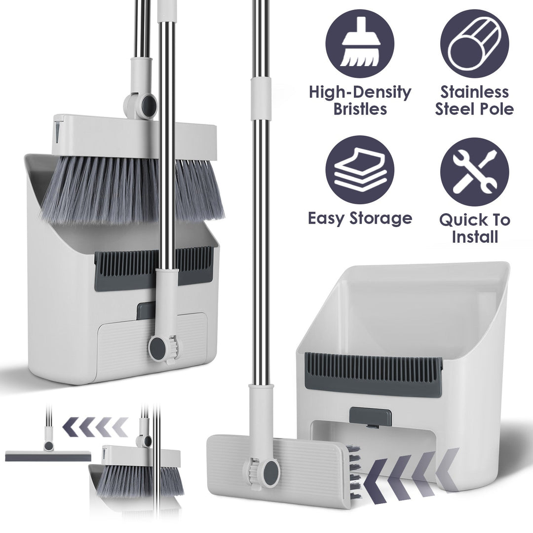 Broom And Dustpan Combo Set With Squeegee Stainless Steel Handle 4 In 1 Upright Standing Broom And Dust Pan For Indoor Outdoor Garage Kitchen Room Off