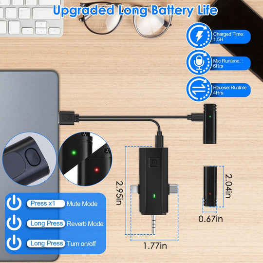 2 Pack 3 in 1 Wireless Clip On Microphone Omnidirectional Mic Noise Reduction Plug and Play 65.6FT Transmission Type-C IOS PC Video Record Interview V