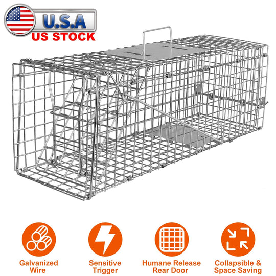 Humane Cat Trap Cage Catch Release Live Animal Rodent Cage Collapsible Galvanized Wire for Small Raccoons Beavers Groundhogs Foxes Armadillos