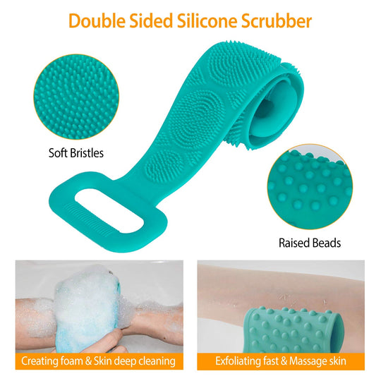 Silicone Back Scrubber Belt For Shower Exfoliating Foaming Body Wash Strap Brush Bristles Massage Dots W/ Adhesive Hook