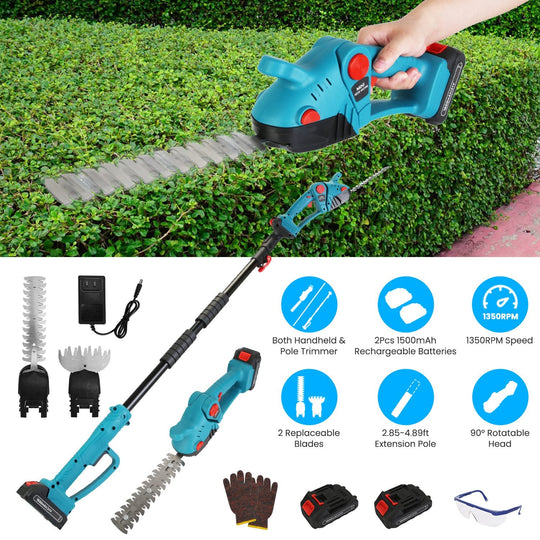 Pole Mini Hedge Trimmer & Grass Shear Electric Cordless Handheld Hedge Trimmer with 90¡ Rotatable Head Telescopic Extension Pole Gloves Goggles 2Pcs 2