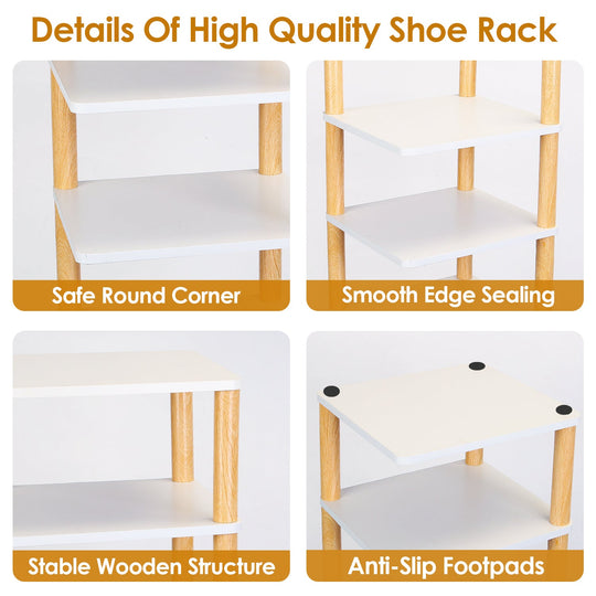 8 Tier Entryway Wooden Shoe Rack Vertical Shoe Shelf Stand Storage Organizer Small Space Saving Corner Shoe Tower Entryway Hallway Closet