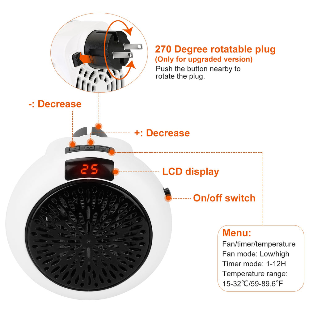 900W Portable Heater Fan Wall Outlet Space Heater Plug-in Heater Adjustable Temperature Auto Shut off w/Remote Control