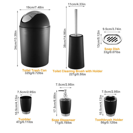 Bathroom Accessories Set 6 Pcs Bathroom Set Ensemble Complete Soap Dispenser Toothbrush Holder Tumbler Soap Dish Toilet Cleaning Brush Trash Can