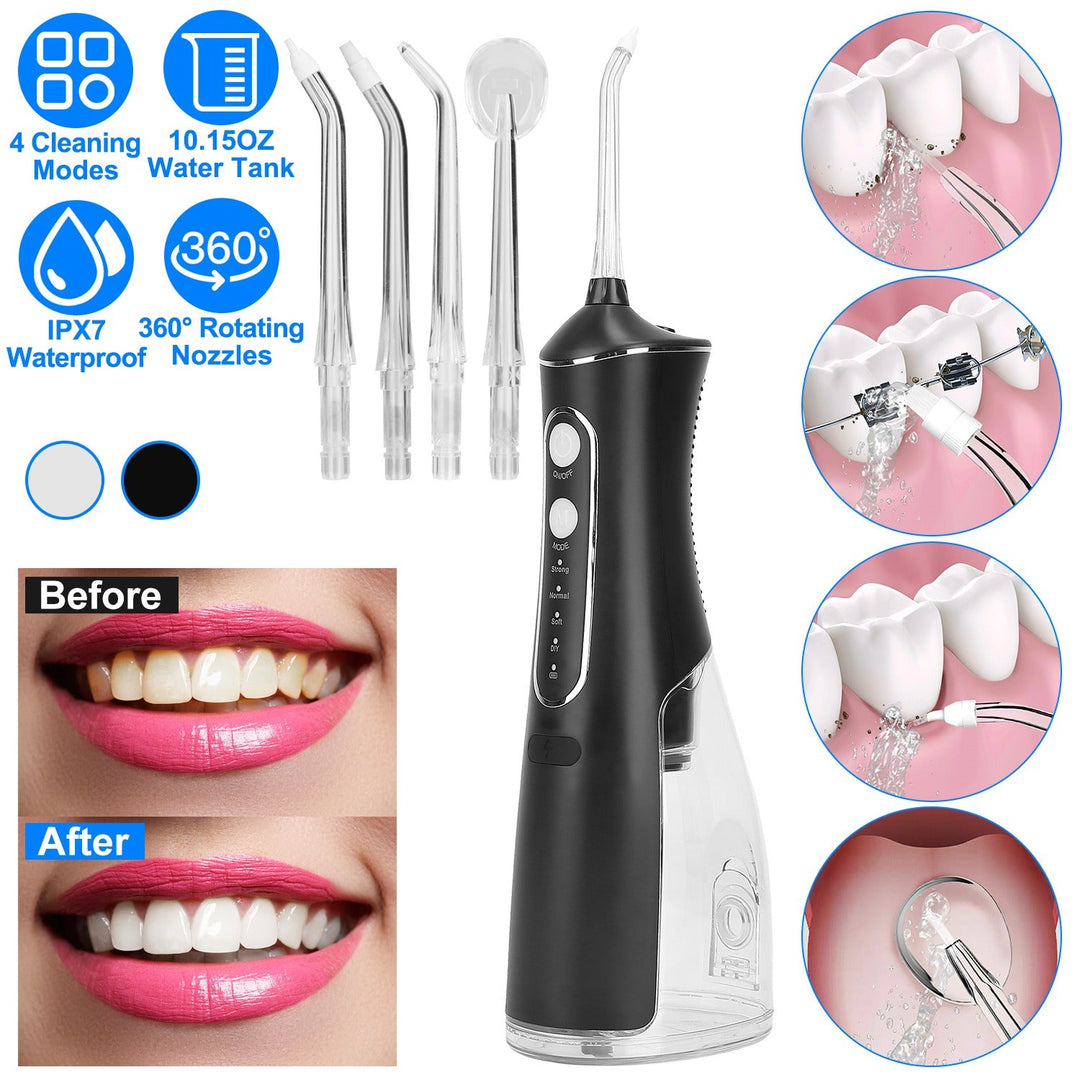 Portable Water Dental Flosser Cordless Rechargeable Dental Oral Irrigator IPX7 Waterproof Teeth Cleaner with 4 Modes 4 Nozzles 10.15oz Detachable Wate