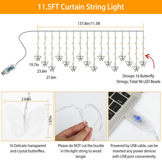 Butterfly Curtain String Lights USB Powered Colorful LED Fairy Lamps w/8 Modes 96 LED Remote Control 11.5ft for Bedroom Weddings Christmas Party Decor