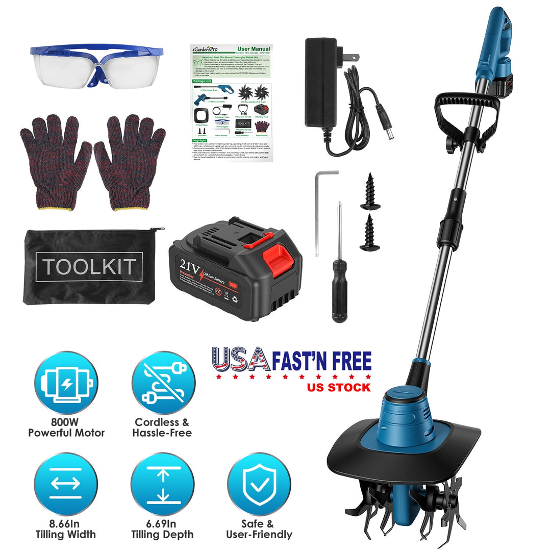 800W 21V Cordless Tiller Cultivator 3.0Ah Battery Powered Tiller with 8.66" Width 6.69" Depth Manganese Steel Tines for Soil Cultivation Weeding Garde