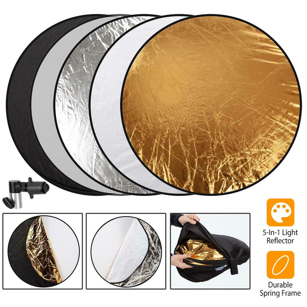 22.8In 5 In 1 Photography Light Reflector Collapsible Multi Disc Round Light Diffuser w/ Storage Bag Translucent Silver Gold White Black 5 Colors Refl