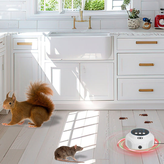 360¡ Ultrasonic Mice Repellent Indoor Rodent Repeller Rat Squirrel Rodent Chaser with 3 Modes 2 Strobe Lights for Kitchen Warehouse