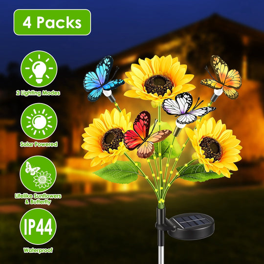 Solar Sunflower Lights with Butterfly Accents - 4 Pack
