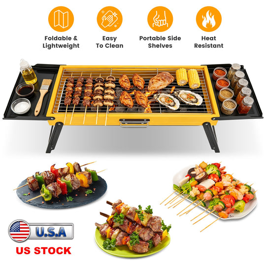 Portable Folding Charcoal Grill with Side Shelves